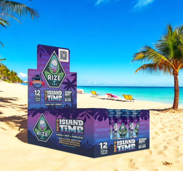 A 12 count display box of Island Time hanging out on the beach.